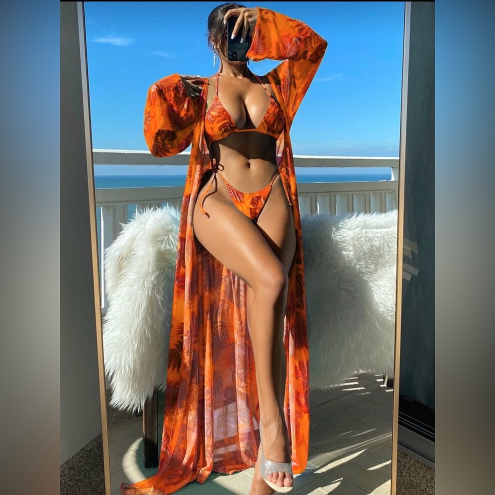 SHEIN Orange Tie-Dye Bikini Set with Cover-Up - 2 piece bikini